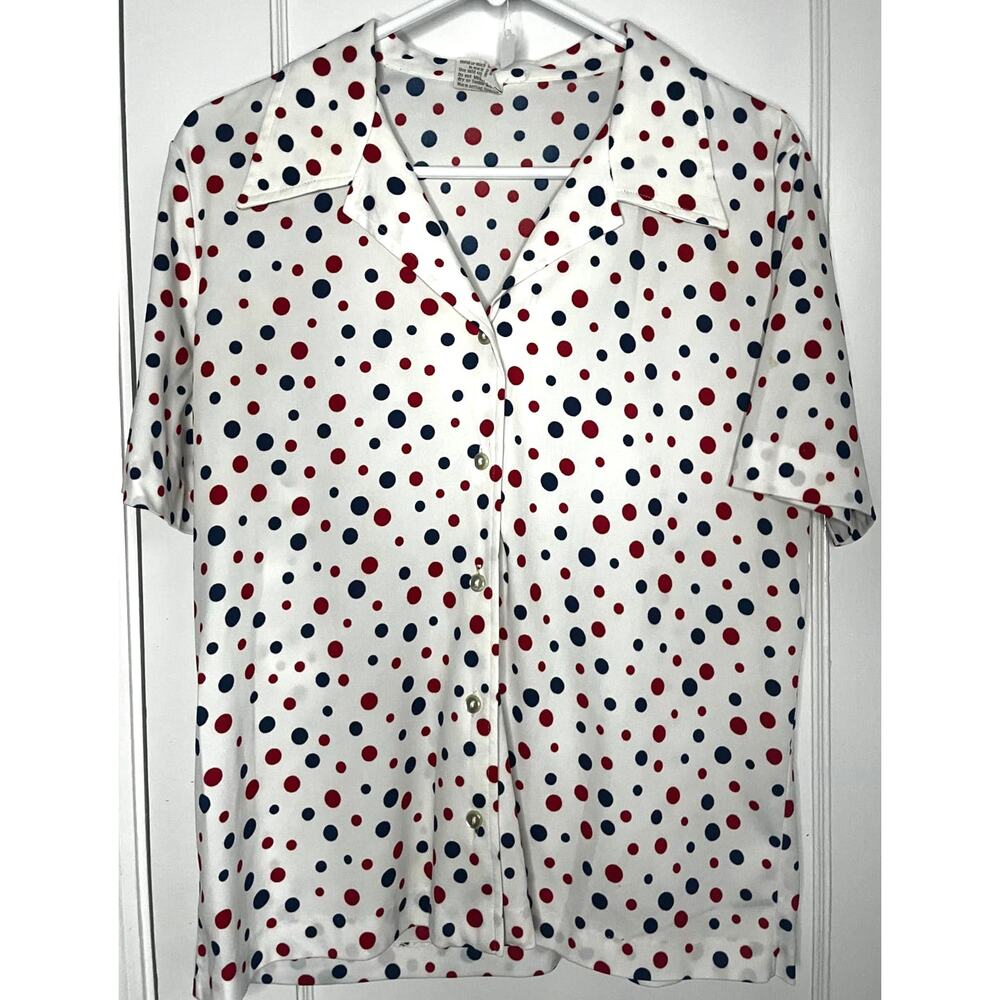 Vintage 70s 80s KoKo Knits White Red Blue Polka Dot Fun Blouse Medium Large